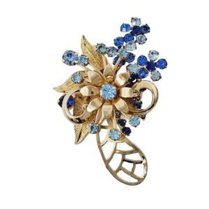 Mid Century Blue Austrian Crystal Spray Brooch 2" Tall